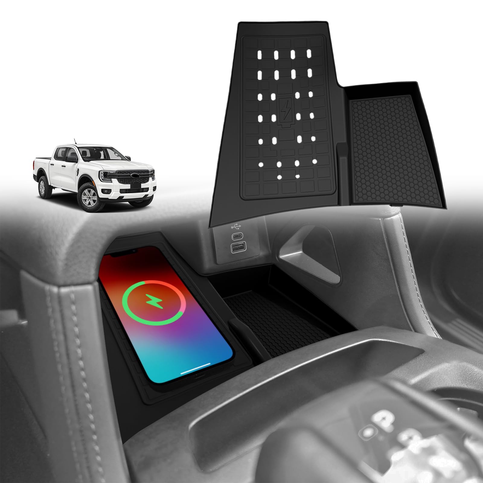 Muslogy Ford Ranger center console mat fits snugly and keeps charging area organized.