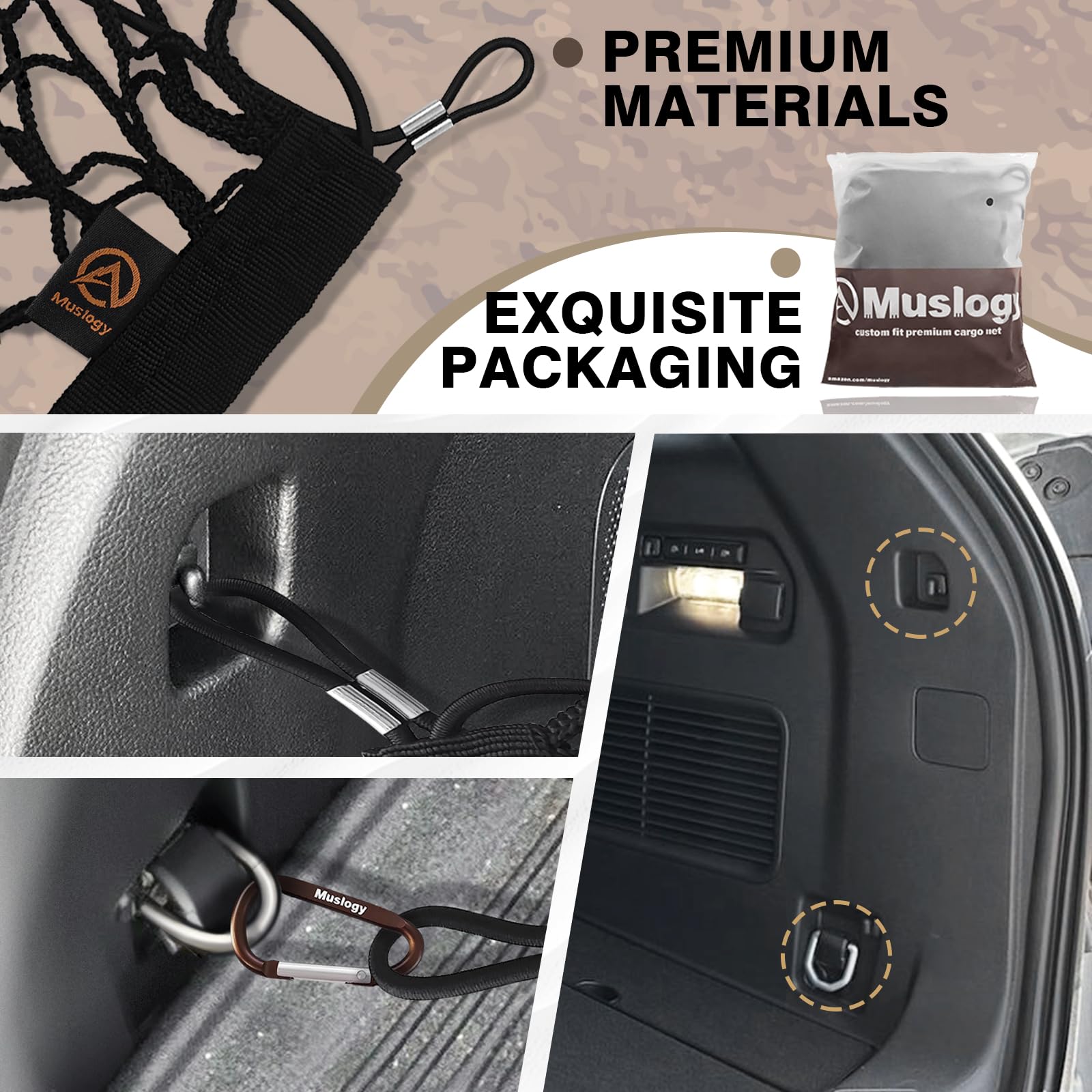 Heavy-duty carabiners secure the cargo net to anchor points for strong support.