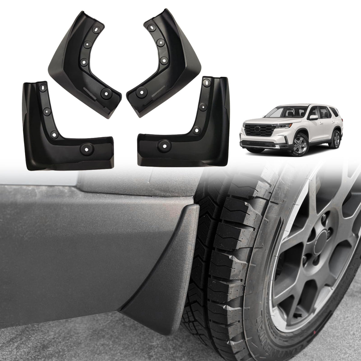 Muslogy Honda Pilot front mud flaps protect fenders from stones and mud splashes.