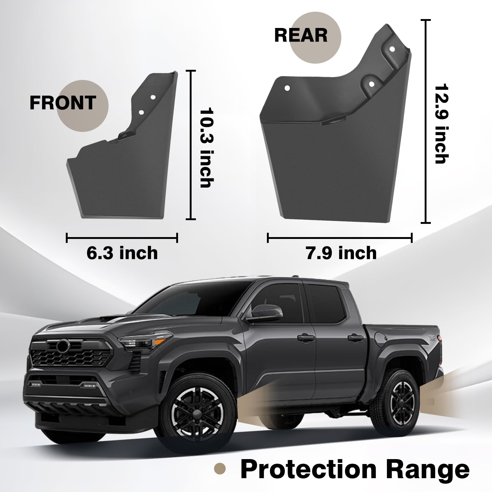 Muslogy Tacoma mud flap front-right shields rocker panel during spray