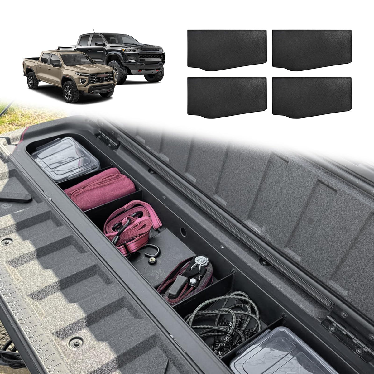 Muslogy tailgate divider set enhances Colorado and Canyon cargo organization.