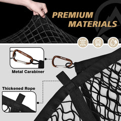 Muslogy cargo net shows sturdy metal hooks resisting breakage during rugged travel