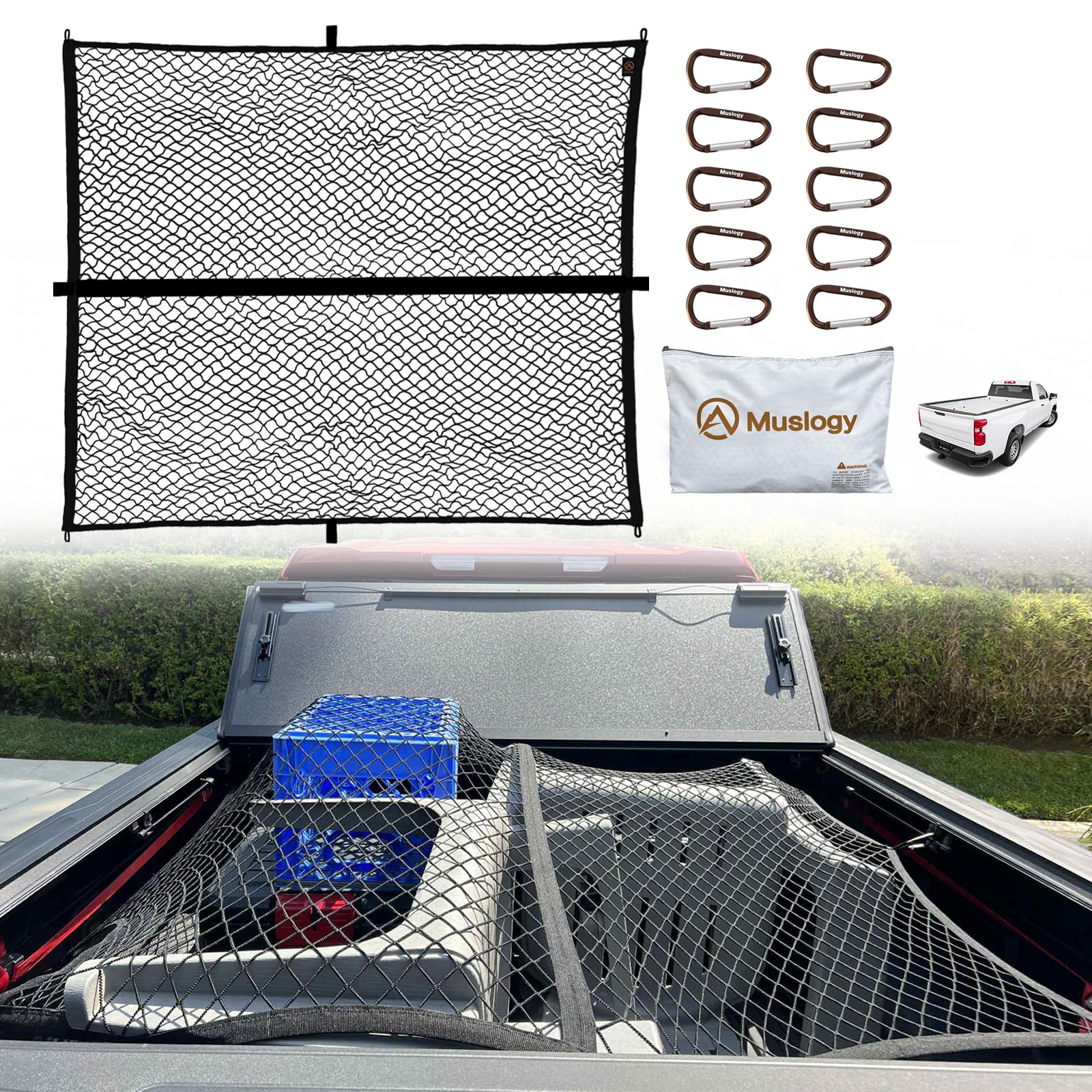 Muslogy Truck Bed Cargo Net installed securely with factory anchors for stable loads