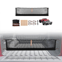 Muslogy truck bed cargo net installation showing quick trunk organization.