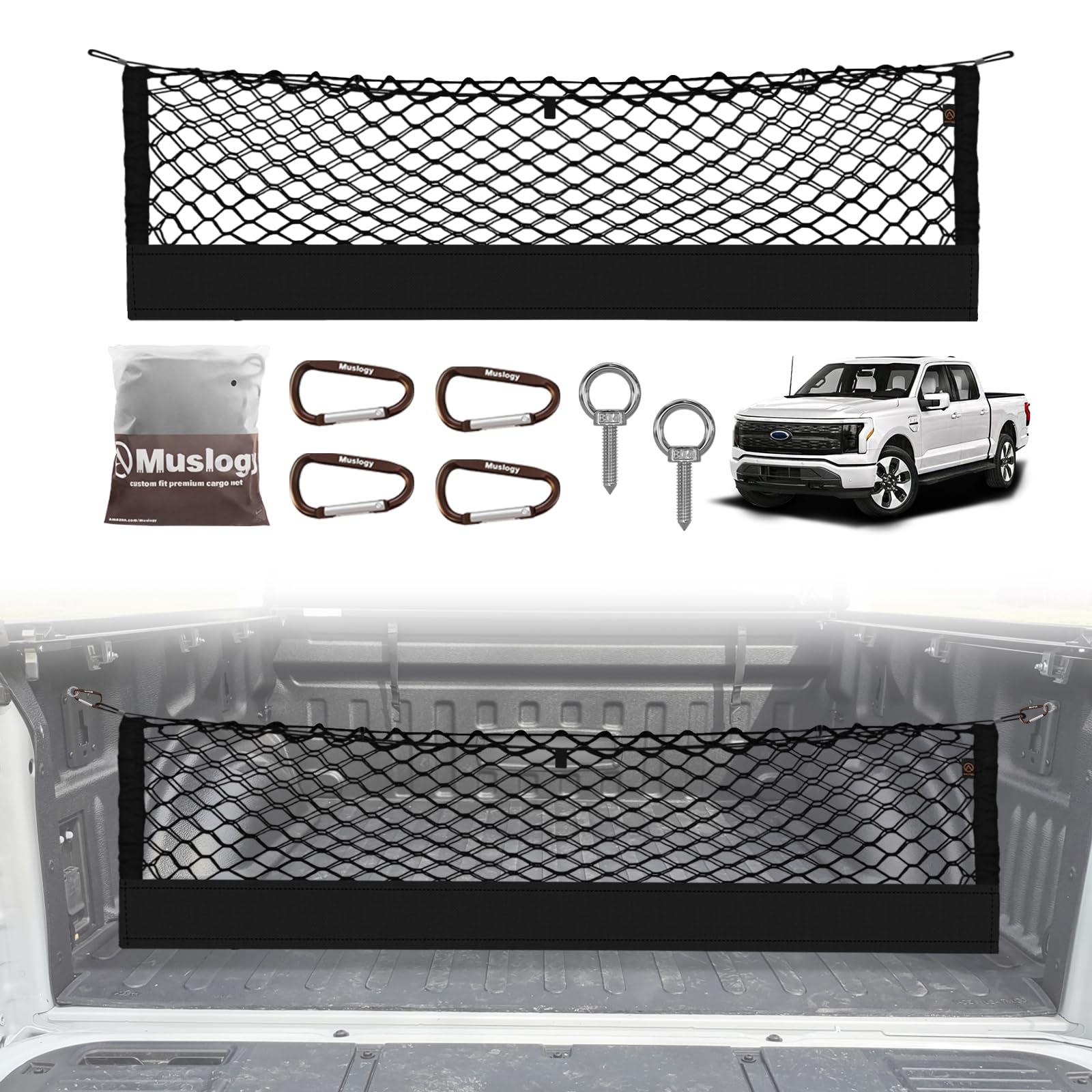 Muslogy truck bed cargo net installed on Ford F-150 for secure cargo
