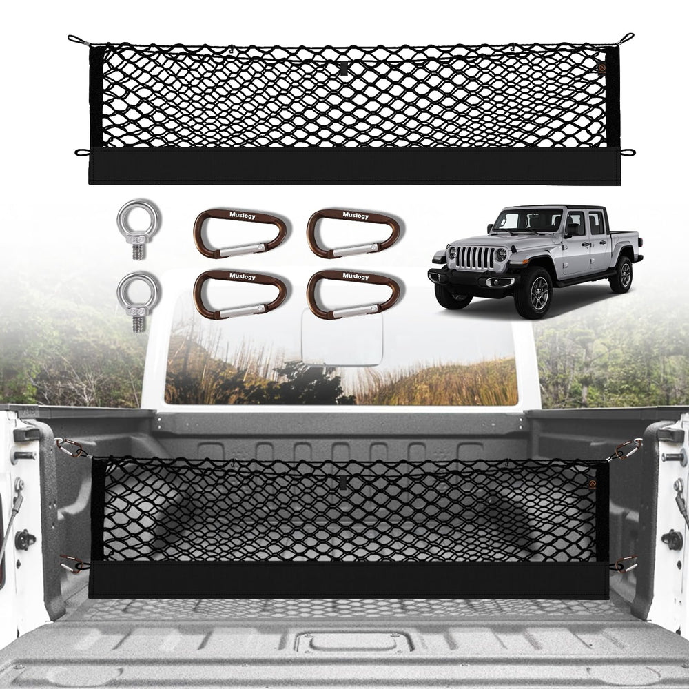 Muslogy truck bed cargo net mounted on Jeep Gladiator for organized loads.