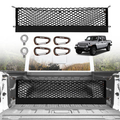 Muslogy truck bed cargo net mounted on Jeep Gladiator for organized loads.