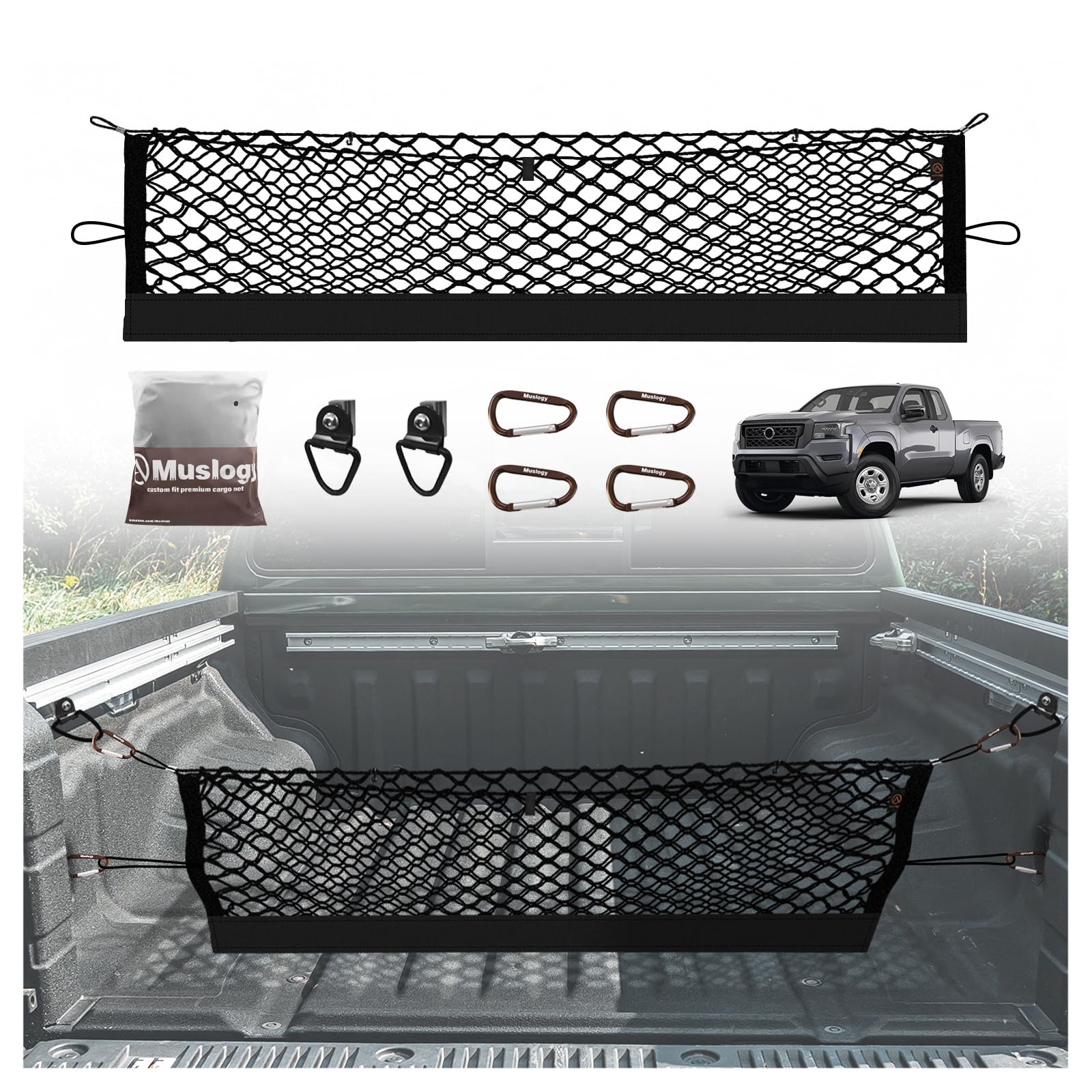Muslogy truck bed cargo net for Nissan Frontier 2022-2026 keeps items secure during travel.