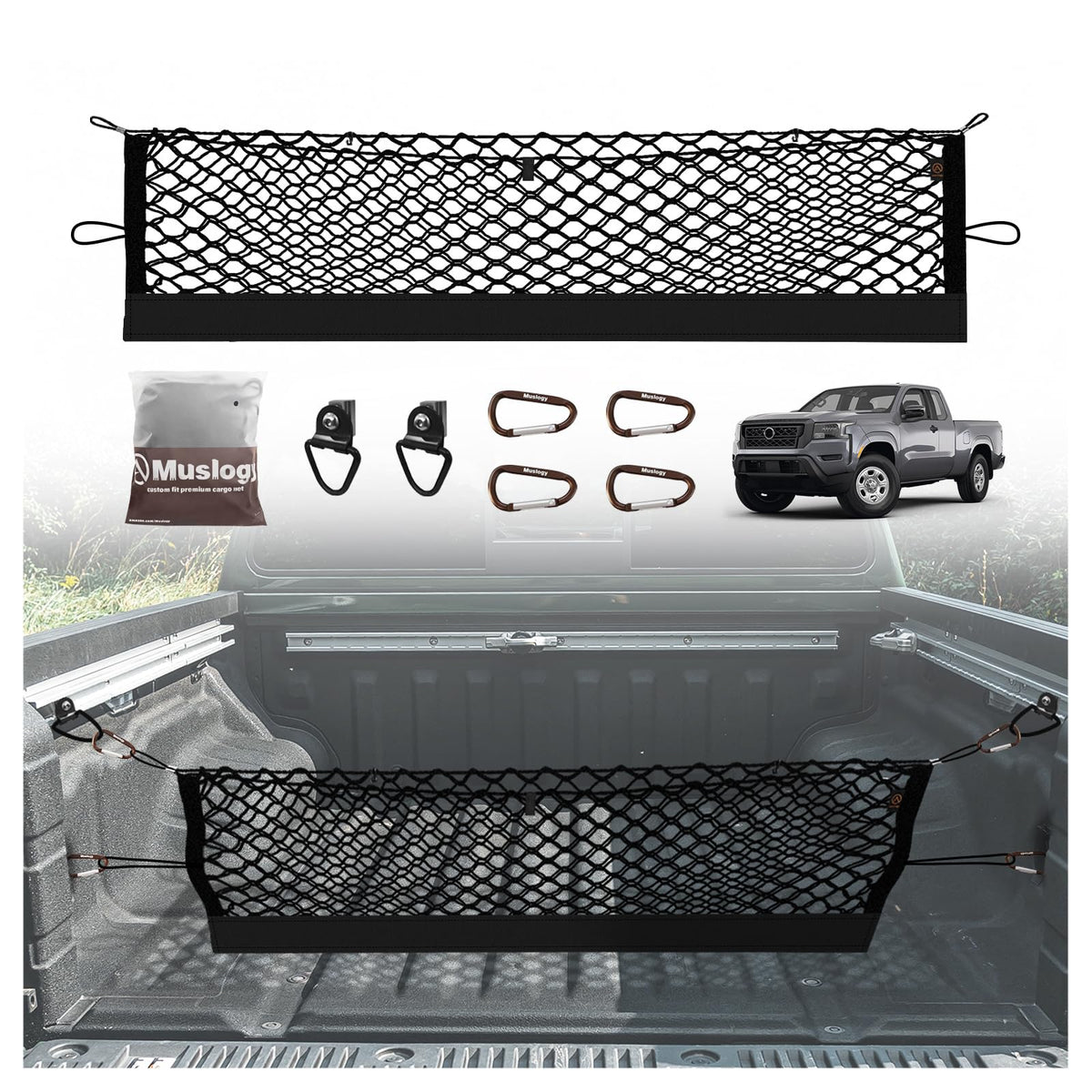 Muslogy truck bed cargo net for Nissan Frontier 2022-2026 keeps items secure during travel.
