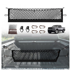 Muslogy truck bed cargo net for Nissan Frontier 2022-2026 keeps items secure during travel.