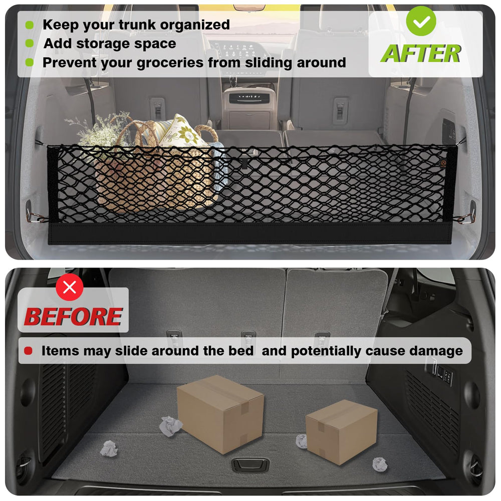 Muslogy cargo net secures groceries and tools during transit