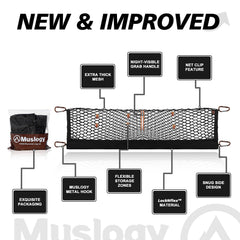 Muslogy cargo net securing items to prevent movement during transit.