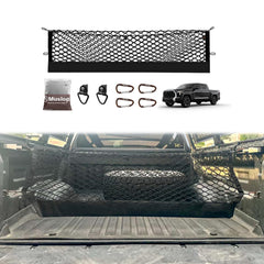 Muslogy truck bed cargo net compatible with Toyota Tundra for secure hauling.