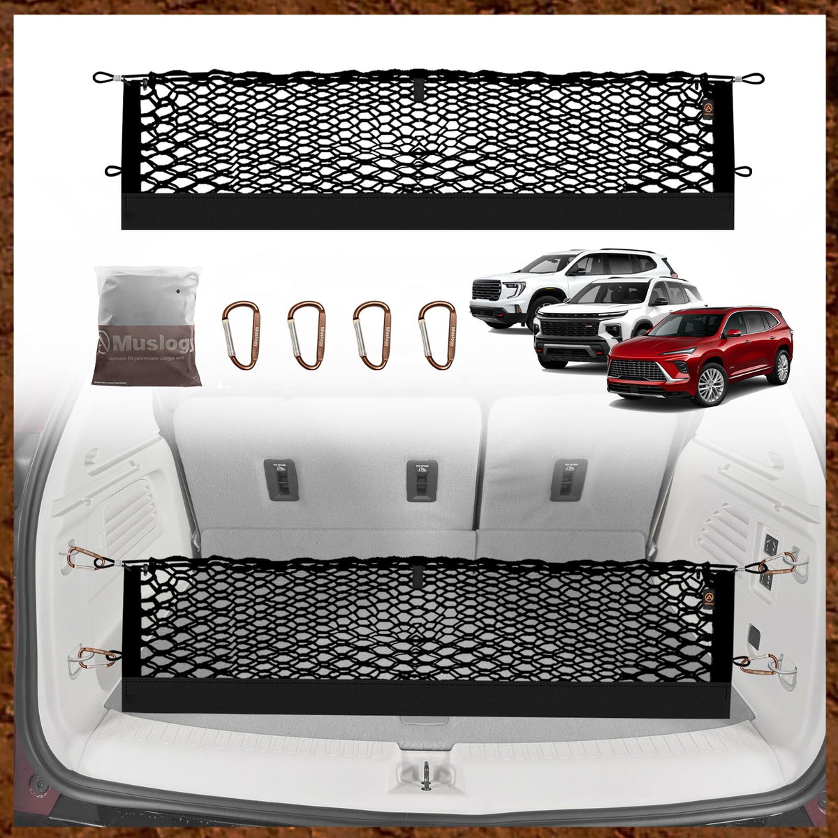 Muslogy trunk cargo net with attachment hooks secures groceries during travel.