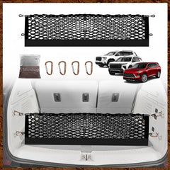 Muslogy trunk cargo net with attachment hooks secures groceries during travel.