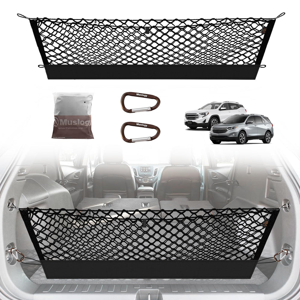 Muslogy trunk cargo net installed on Chevy Equinox for secure storage.
