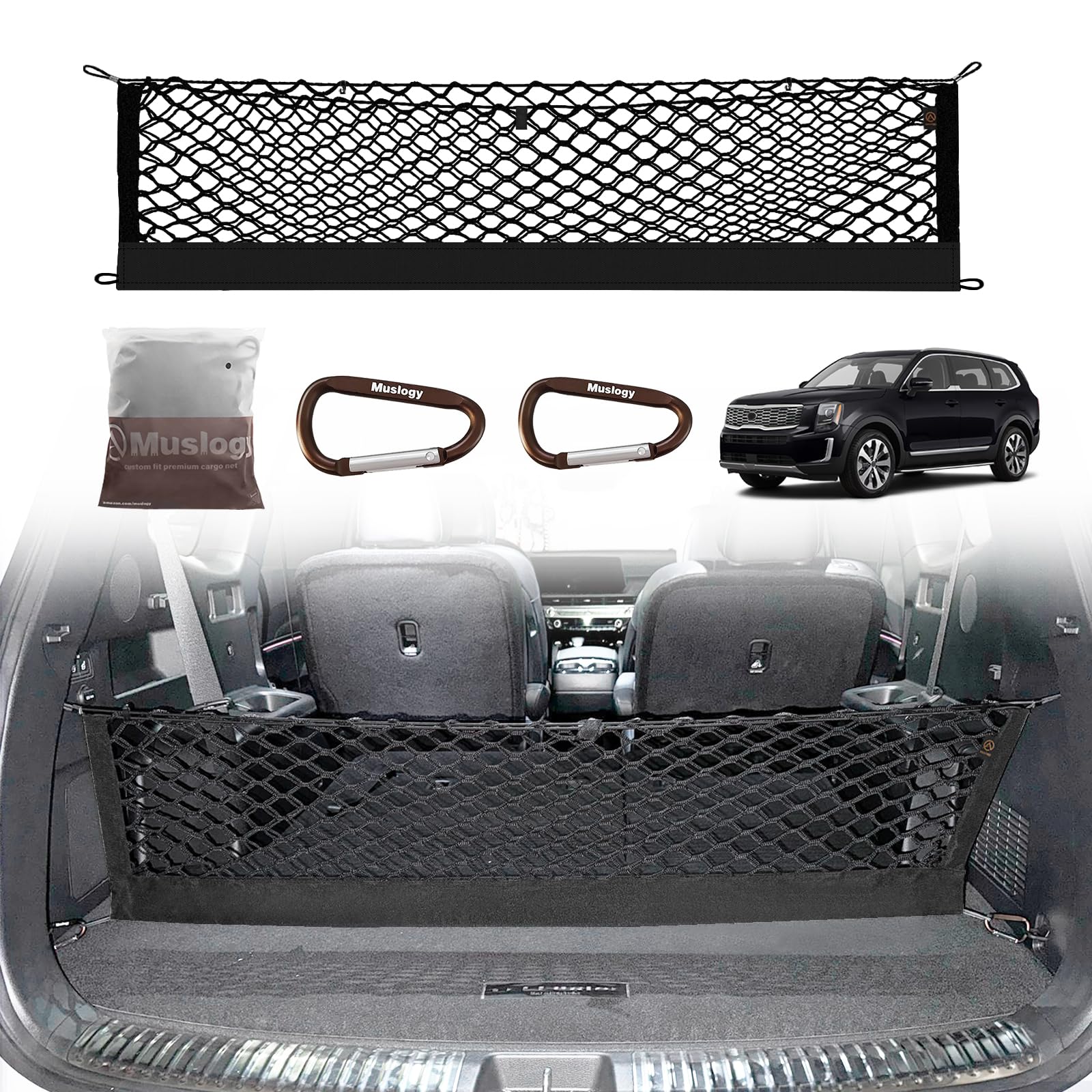 Muslogy Trunk Cargo Net installed in Kia Telluride for secure cargo control.