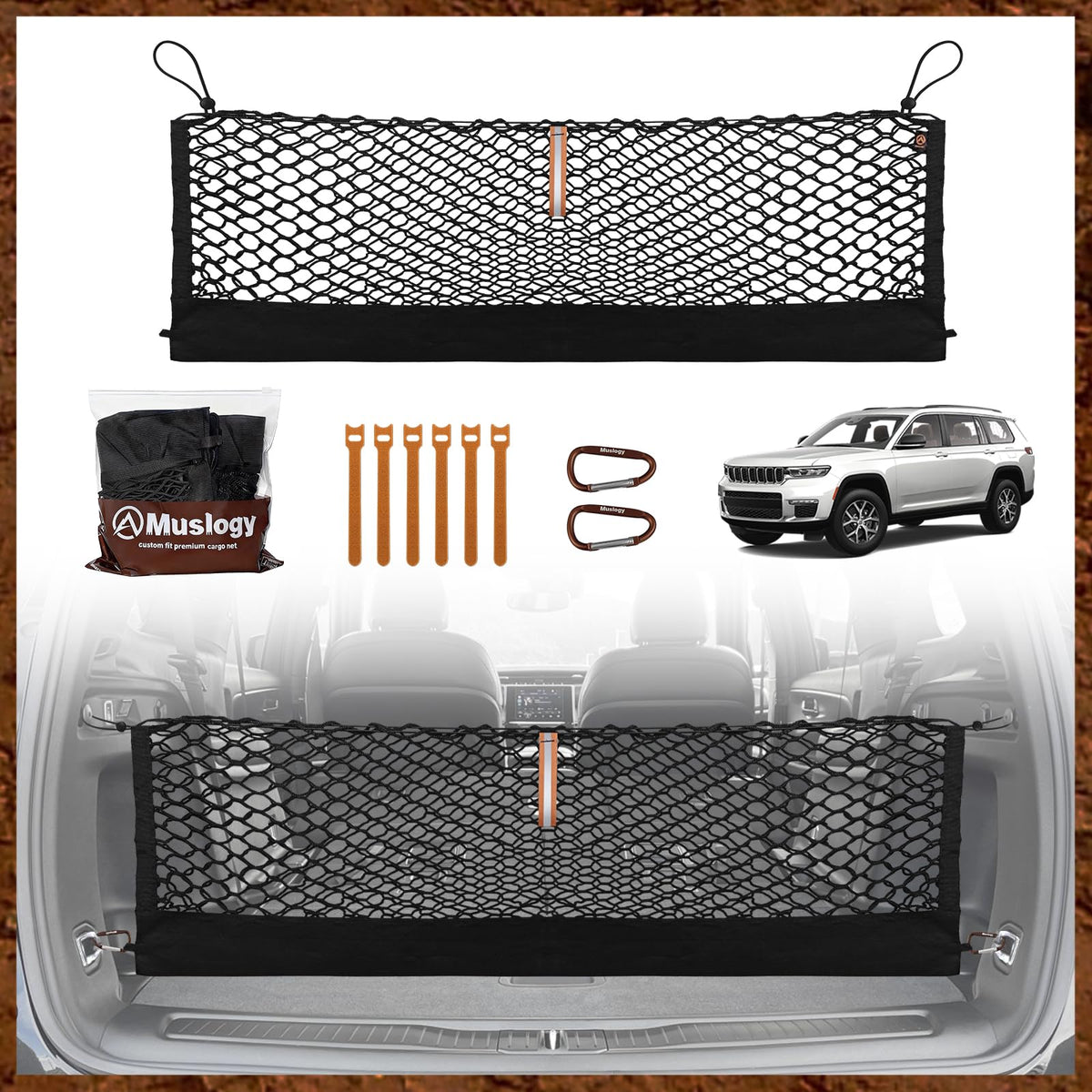 Muslogy trunk cargo net installed in Jeep Grand Cherokee L keeps items secure.