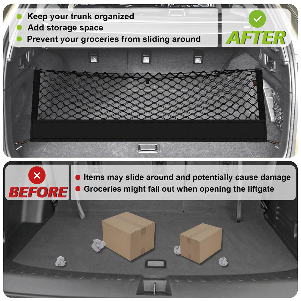 Muslogy Trunk Cargo Net prevents items from shifting, enhancing trunk organization.