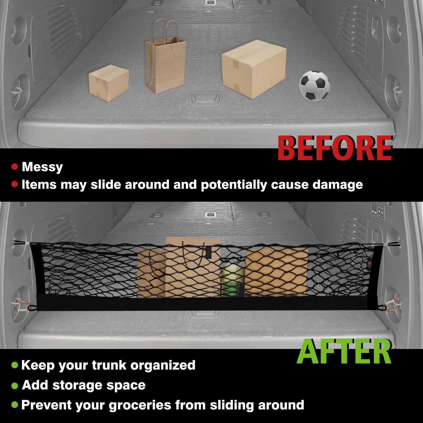 Muslogy trunk net helps groceries and tools stay securely in place