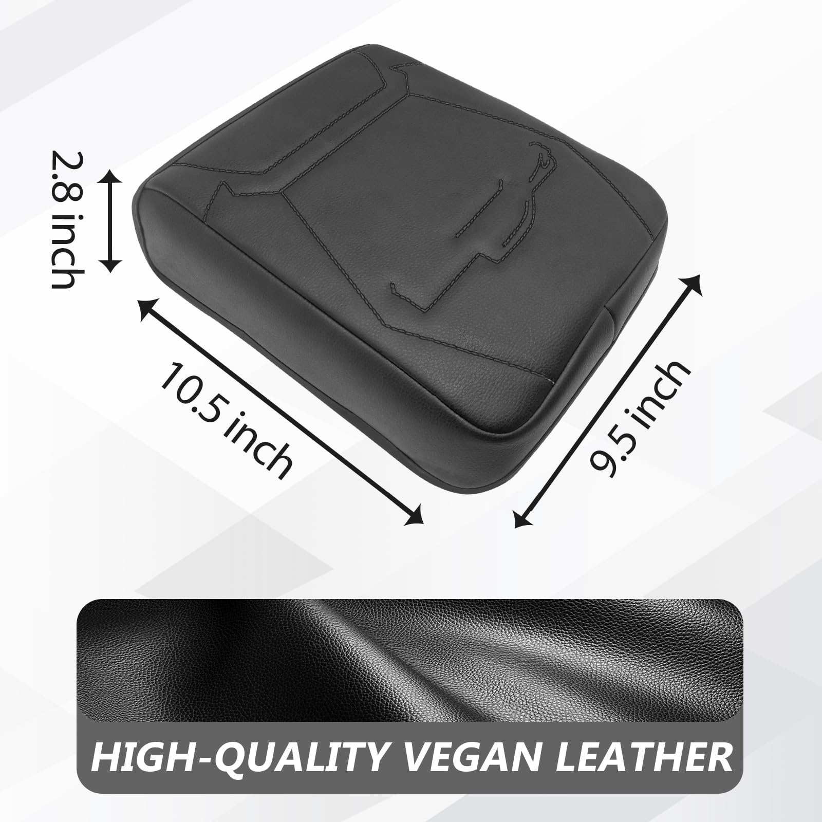 Muslogy vegan leather armrest pad close up with black stitching and texture.