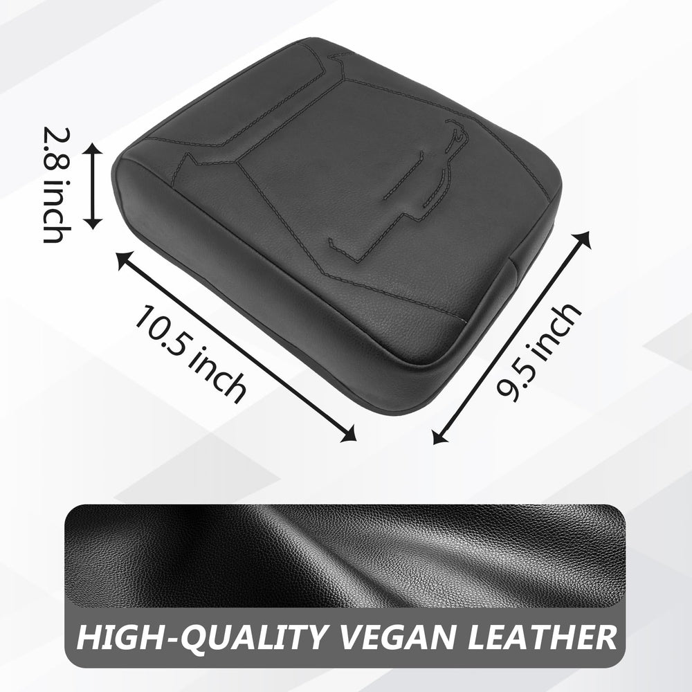 Muslogy vegan leather armrest pad close up with black stitching and texture.
