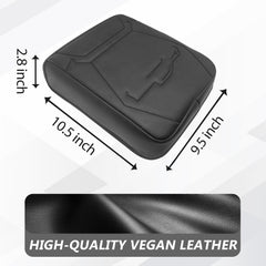 Muslogy vegan leather armrest pad close up with black stitching and texture.