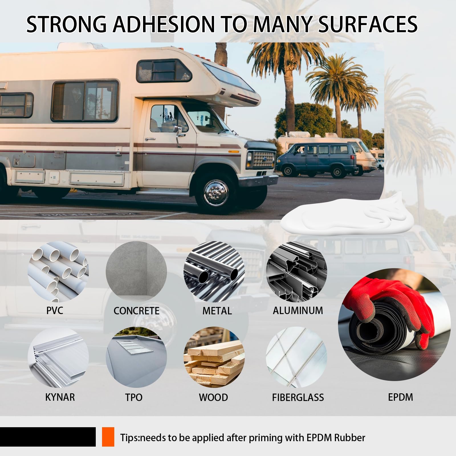RV roof sealing around vents and edges using MuzeFansi sealant.