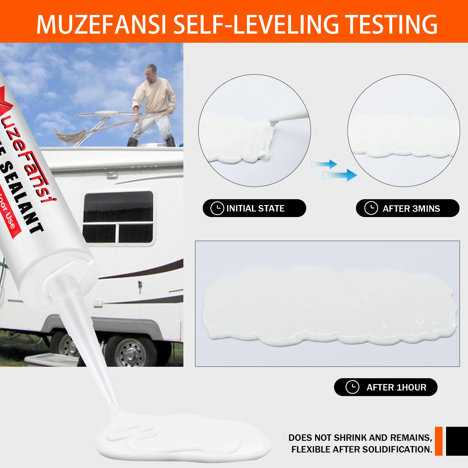 UV and weather resistant MuzeFansi sealant on RV roof surface.