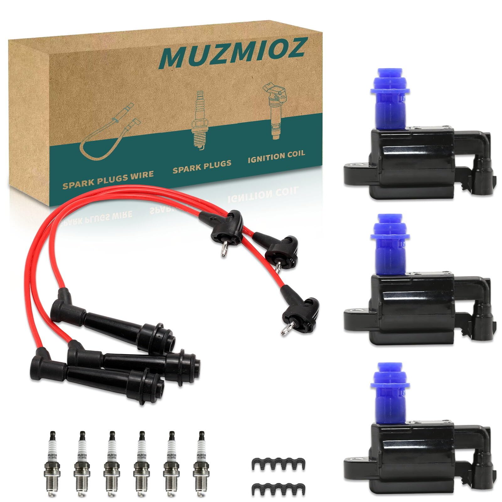 MUZMIOZ UF228 ignition coils trio ready for installation, offering reliable ignition for Toyota/Lexus V6 engines.