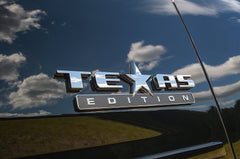 Muzzys Texas Edition emblem for Silverado with chrome black finish boosts exterior style.