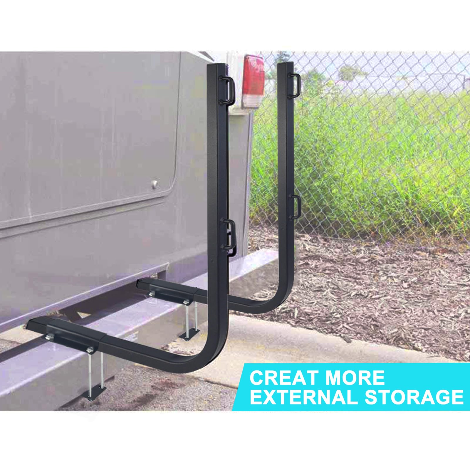 MY RUSTIC RV Bumper Rack in action highlights universal fit for four Rhino tote tank sizes.