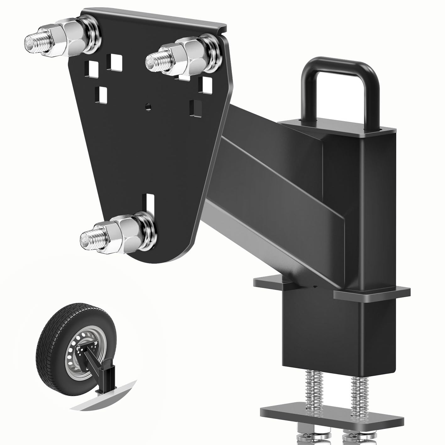 MY RUSTIC stake-pocket spare tire carrier demonstrates secure mounting for on-the-go use.