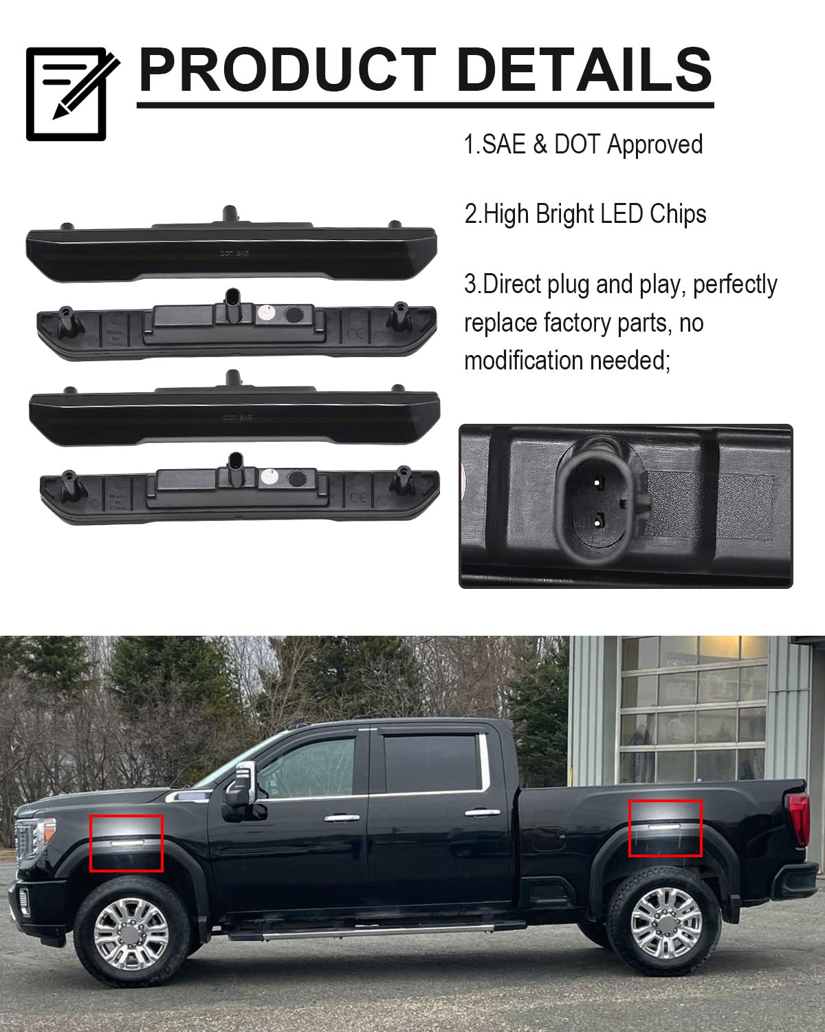 Mynoway smoked-lens side-marker light for Sierra 2500HD/3500HD boosts daytime visibility.