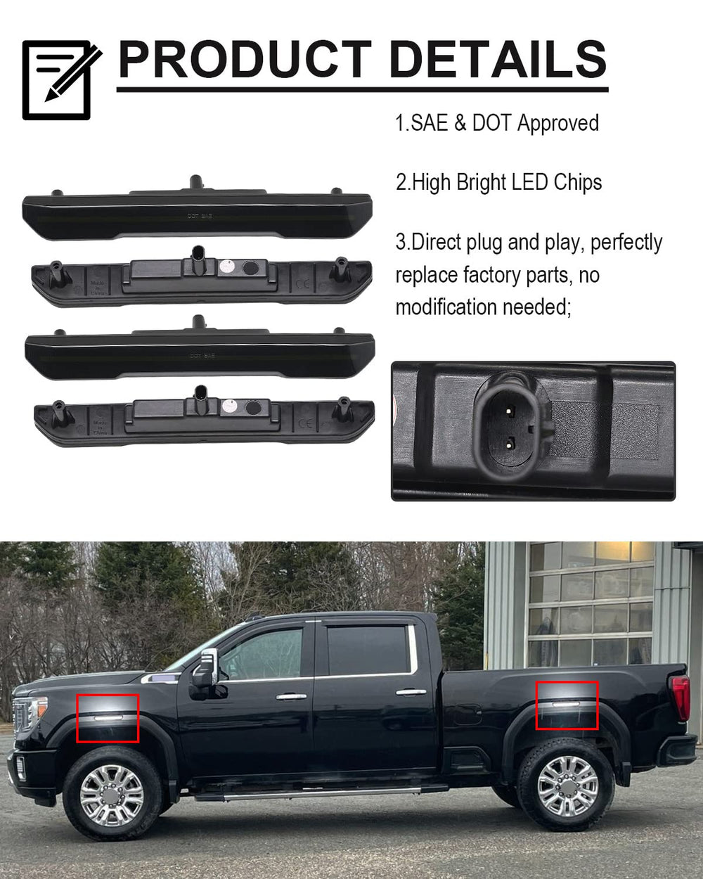 Mynoway smoked-lens side-marker light for Sierra 2500HD/3500HD boosts daytime visibility.