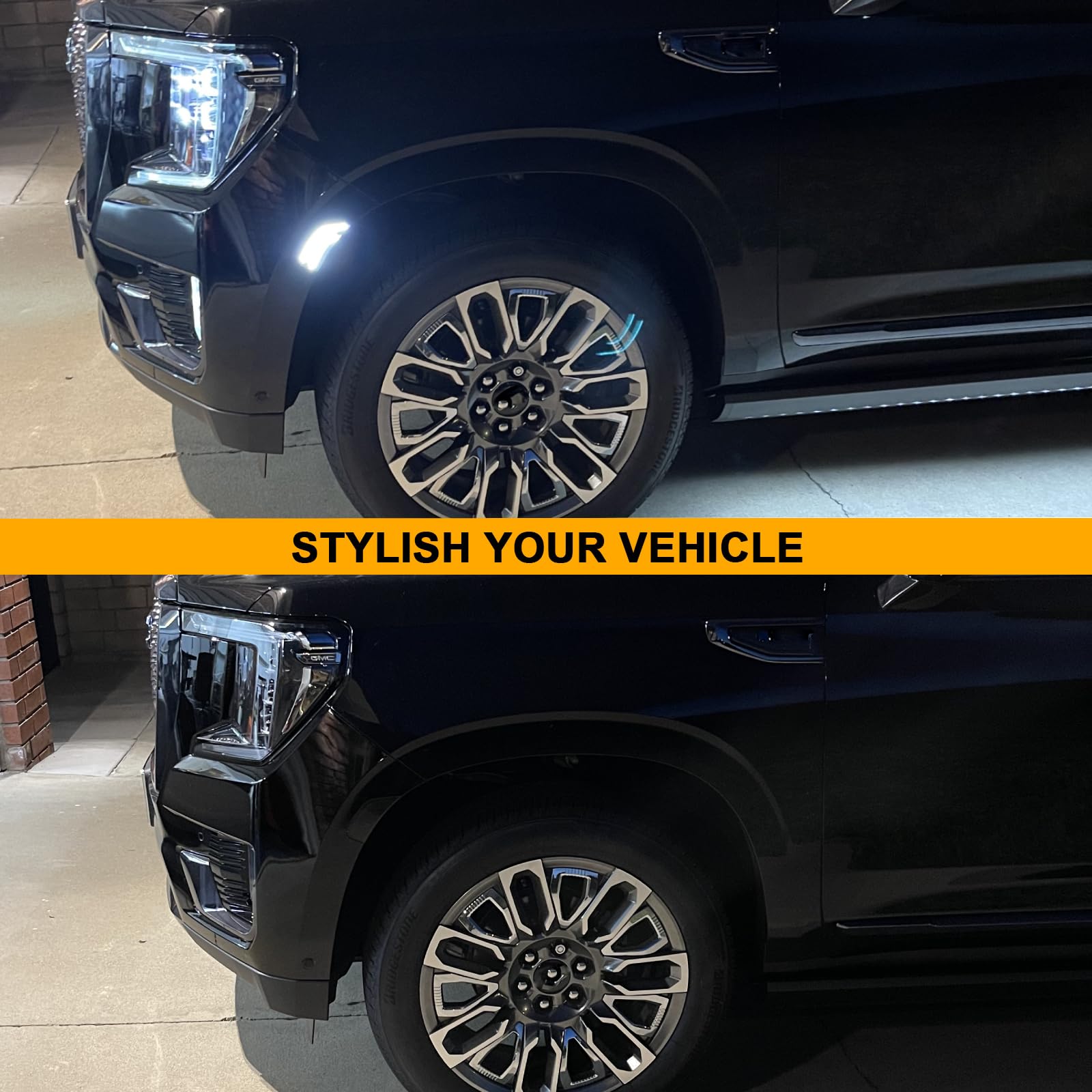 Mynoway smoked-lens LED side marker lamp on Tahoe front left improves conspicuity