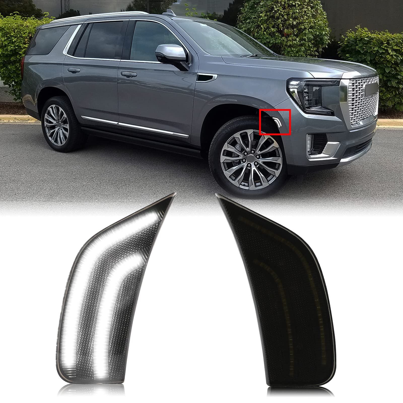 Mynoway smoked-lens LED side marker lamp on Yukon front right improves daytime visibility
