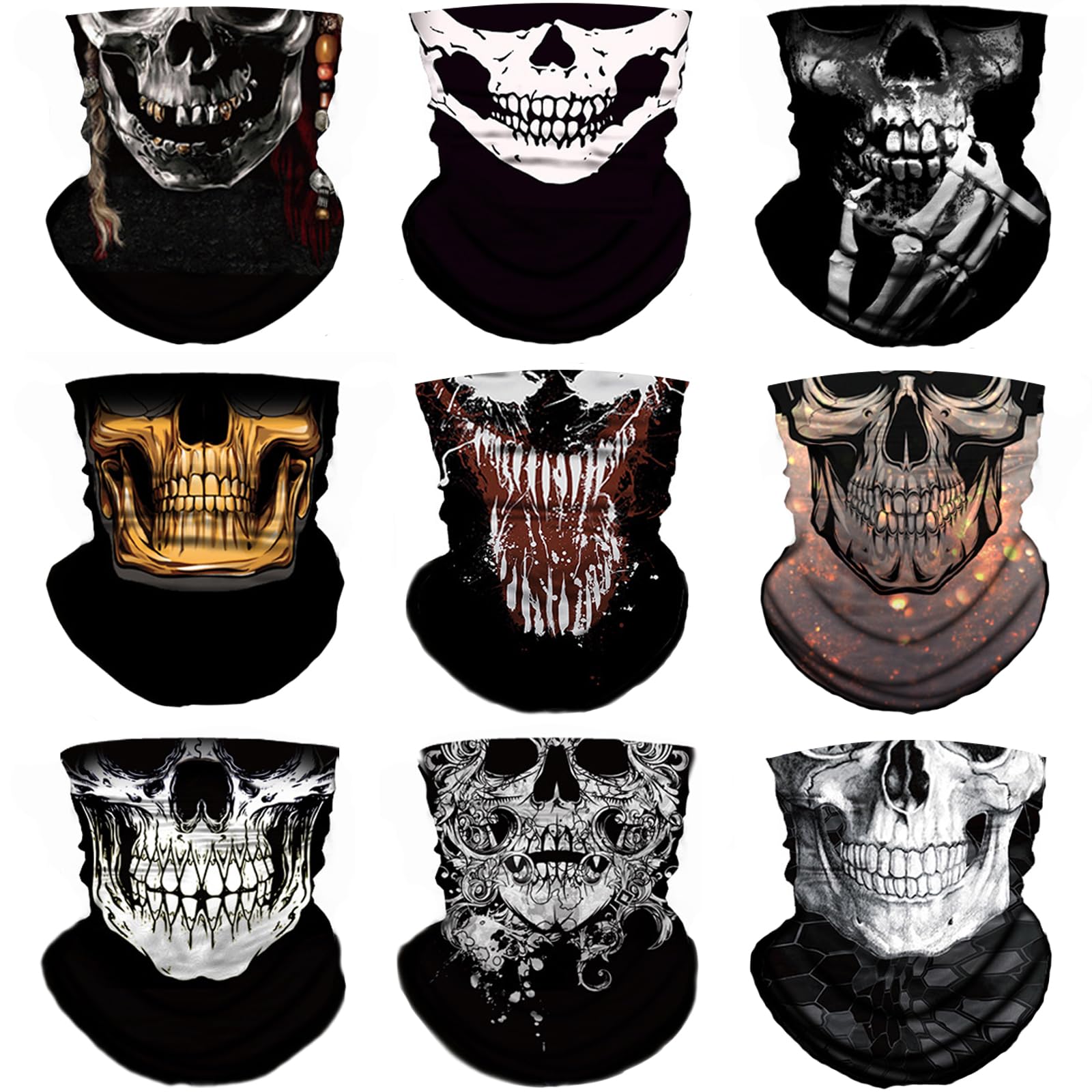 M-YOUNG neck gaiter with skull motorcycle pattern for versatile outdoor wear and sun protection.