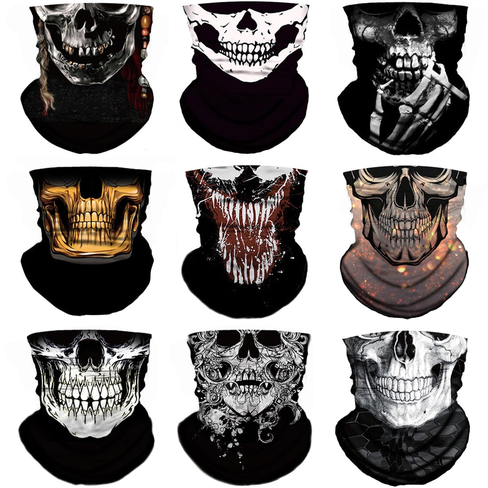 M-YOUNG neck gaiter with skull motorcycle pattern for versatile outdoor wear and sun protection.