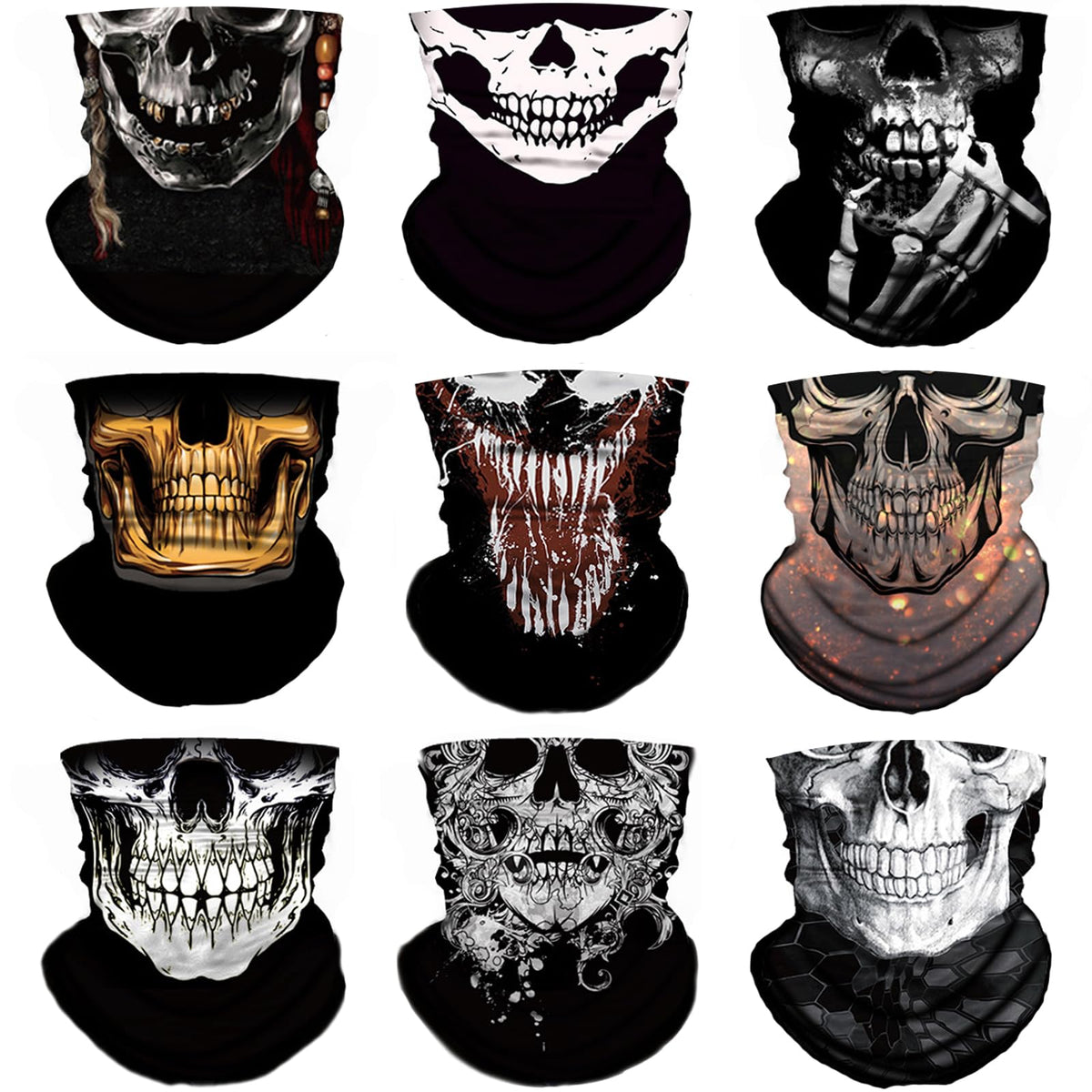 M-YOUNG neck gaiter with skull motorcycle pattern for versatile outdoor wear and sun protection.