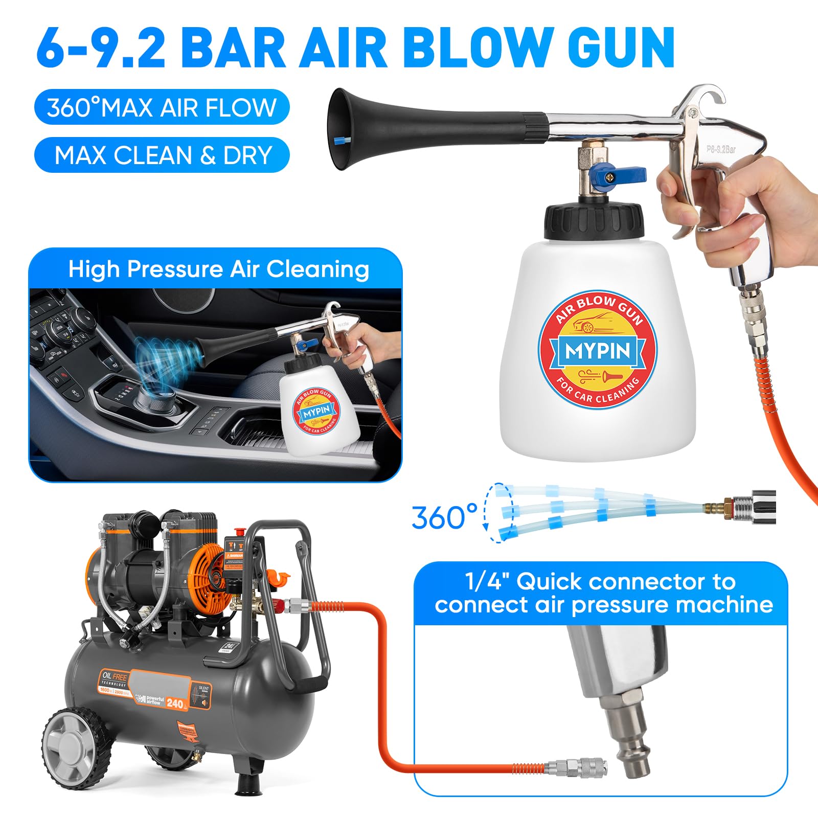 MYPIN air blow gun with 360-degree rotating nozzle reaches tight spaces