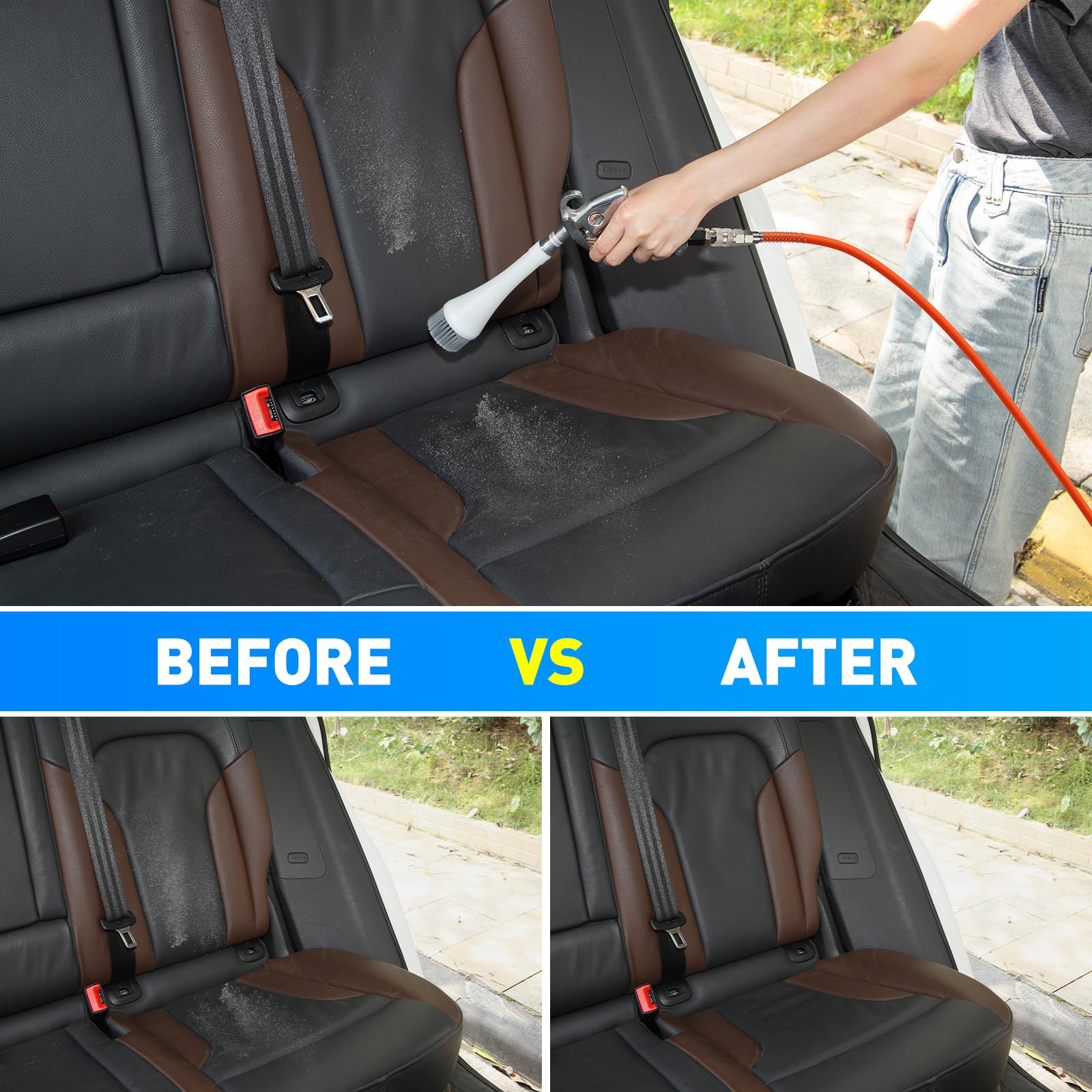 MYPIN brush-equipped nozzle scrubs stubborn stains on leather and fabric.
