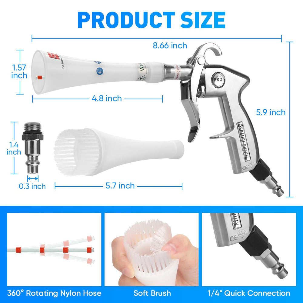 MYPIN car cleaning gun with dual nozzles targets tight spaces effectively.