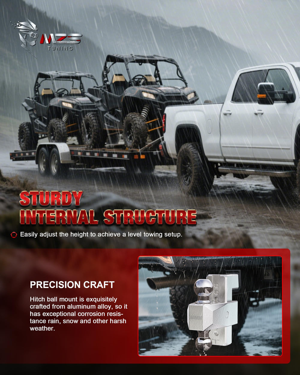 MZS 6-inch drop and rise range for flexible towing angles