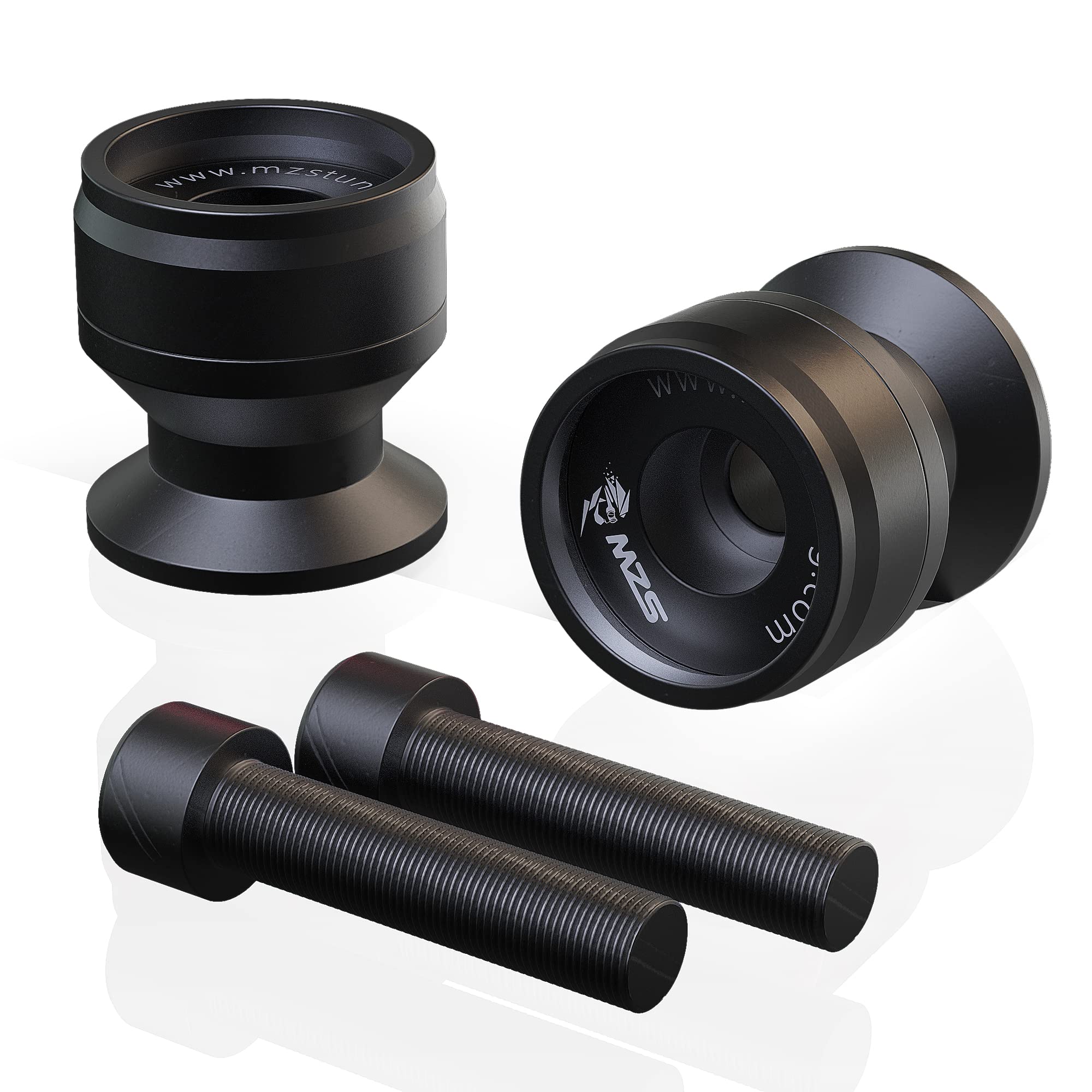 MZS 6MM swingarm spools universal black fit many bikes and support stands.
