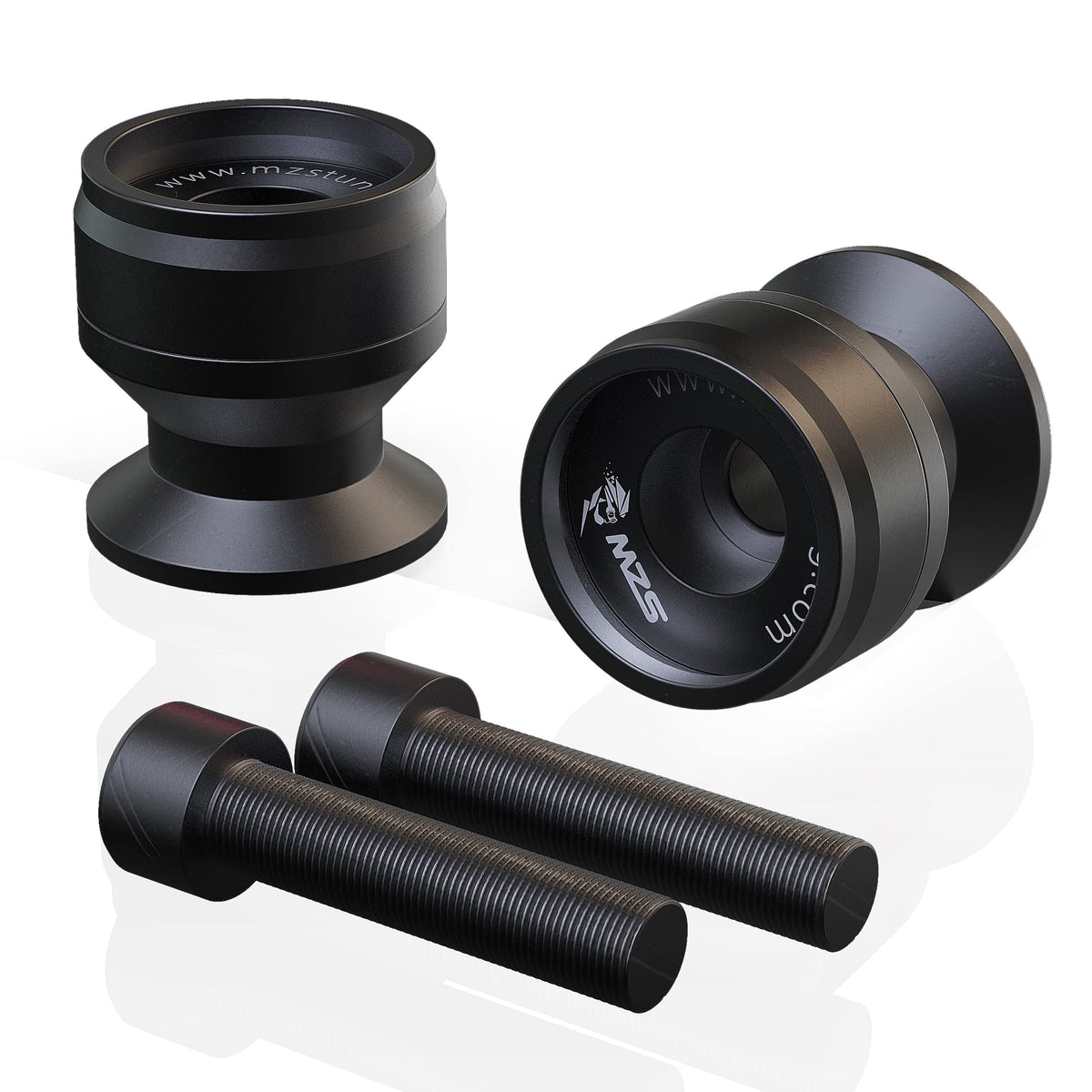 MZS 6MM swingarm spools universal black fit many bikes and support stands.