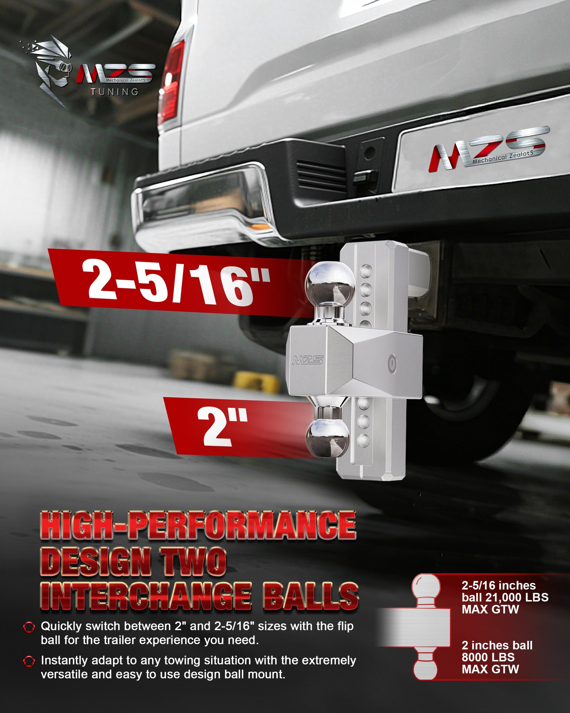 MZS chrome-plated ball head allows easy switching between ball sizes.