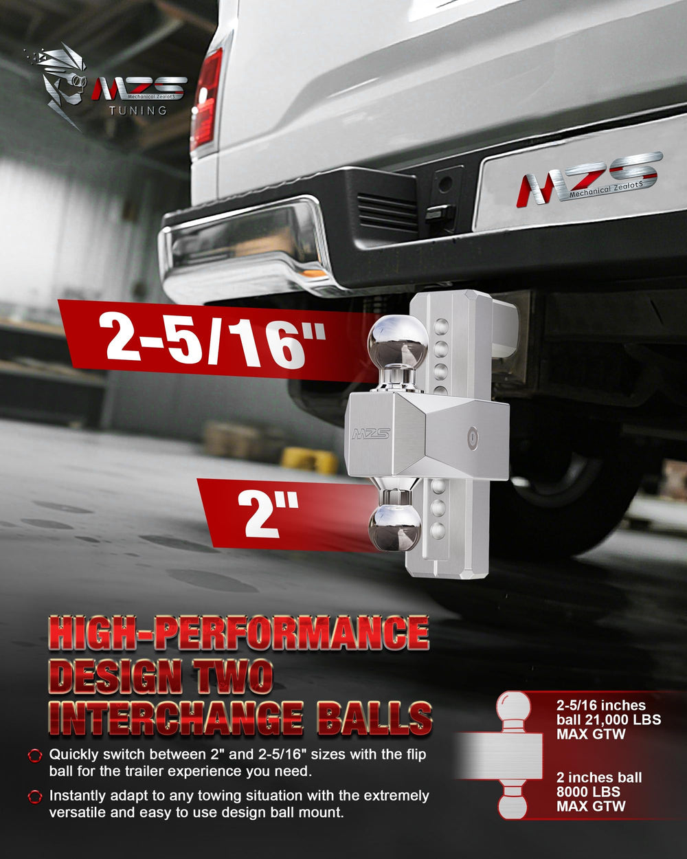 MZS chrome-plated ball head allows easy switching between ball sizes.