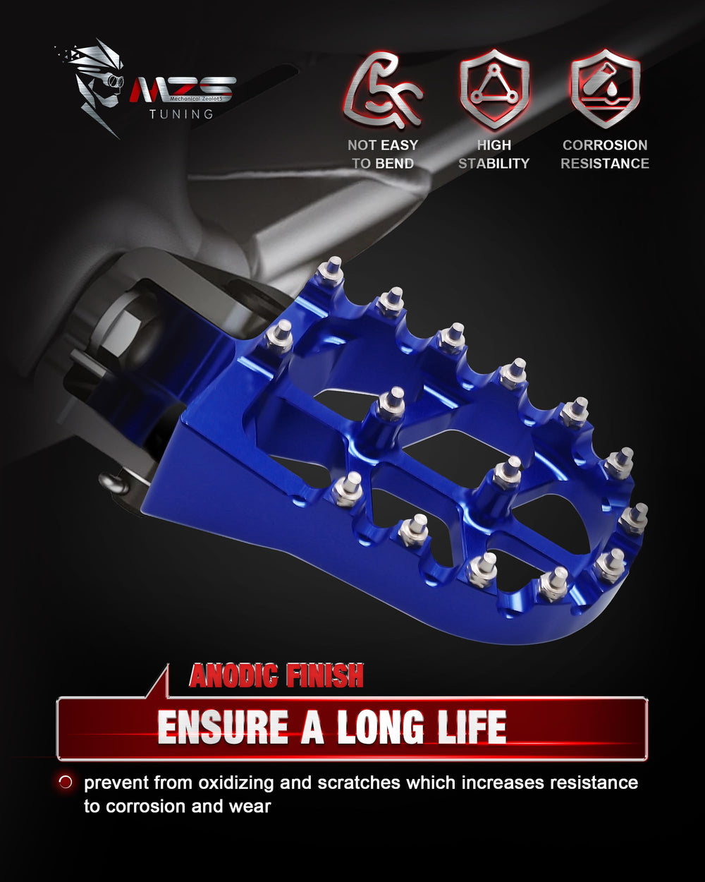 6061-T6 aluminum body of MZS foot pegs highlighting rust resistance