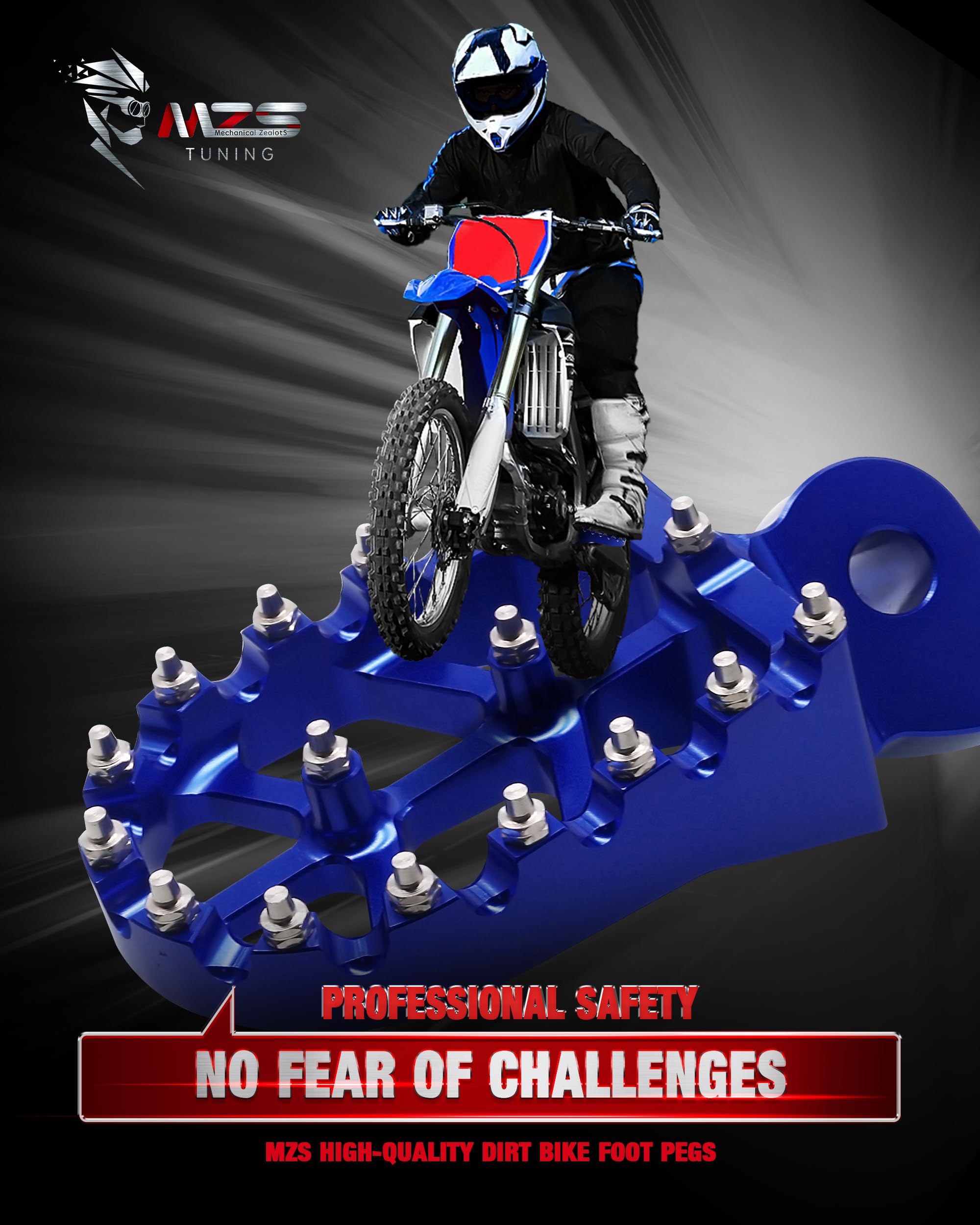 MZS blue MX style foot pegs mounted on a motocross bike for improved grip